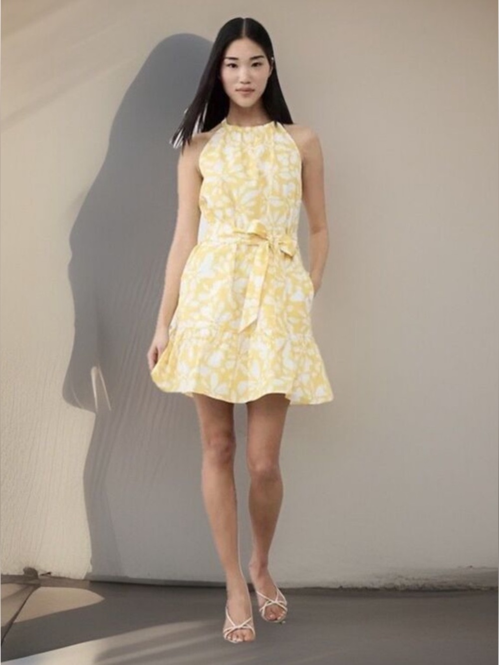 Banana Republic Poplin Tiered Yellow Floral Mini Dress -Size L NWT